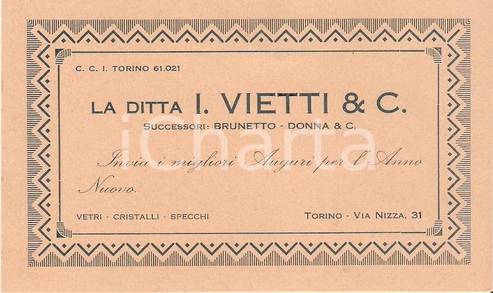 Oggetto da collezione cartaceo 1930 ca TORINO Auguri da vetri e cristalli VIETTI & C. 1