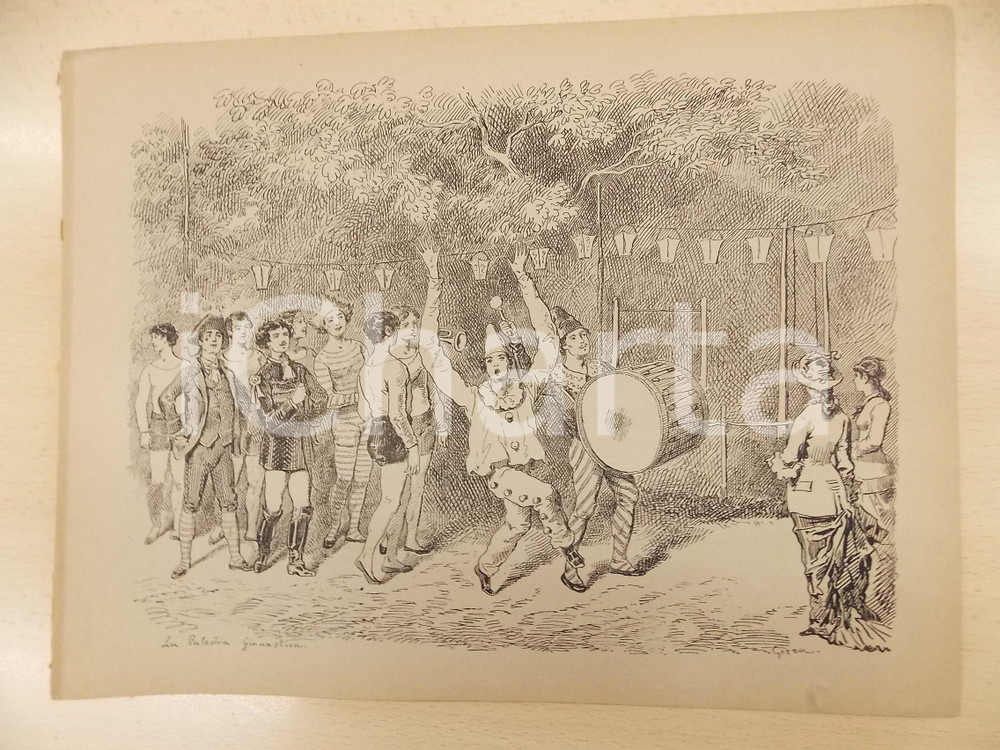 Stampa, bozzetto originale 1880 ca MONTEMERLO Novena 1879  La palestra ginnastica Stampa ill. GORRA 1