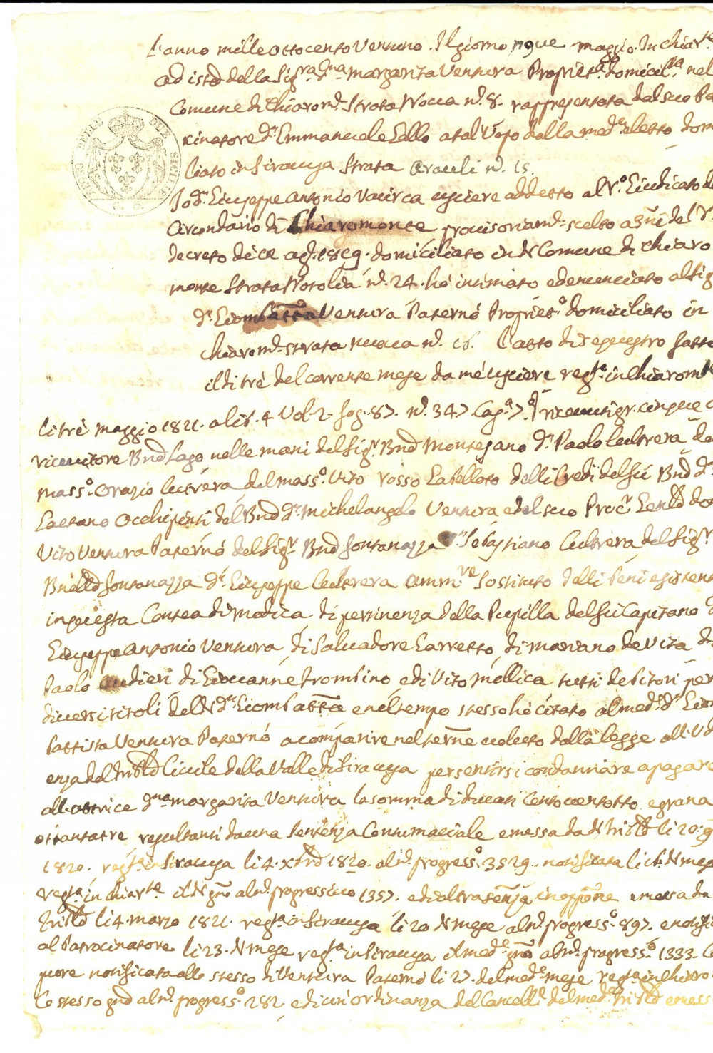 Documento originale, autentico 1821 CHIARAMONTE GULFI Mandato di comparizione per Giambattista VENTURA PATERNO 1