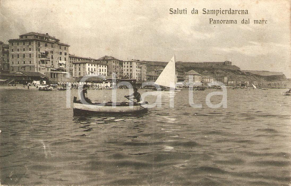 Cartolina originale da collezione 1924 GENOVA SAMPIERDARENA Barca a remi nel mare *Cartolina ANIMATA FP VG 1