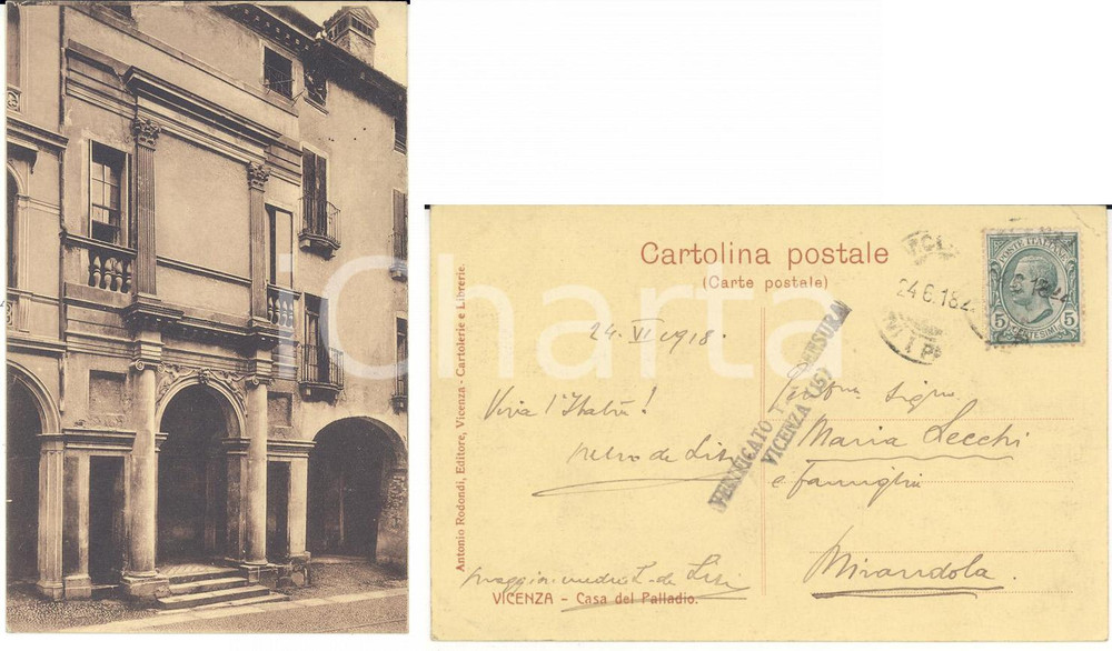 Autografo originale 1918 VICENZA Casa del Palladio Autografo Lionello DE LISI Viva l Italia! 1
