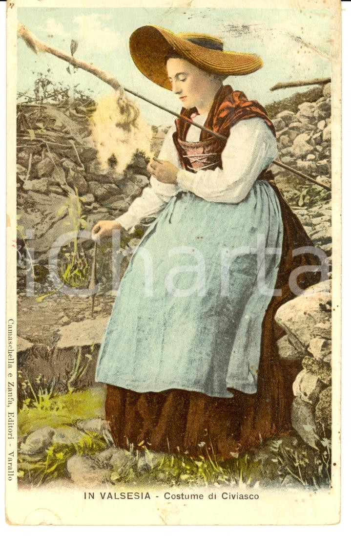 Cartolina originale da collezione 1909 CIVIASCO VC COSTUMI VALSESIA Donna in abito tradizionale FP VG 1