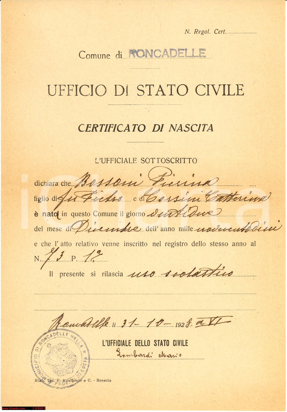 Documento originale, autentico 1928 Roncadelle *Certificato Nascita Bossoni Piera 1