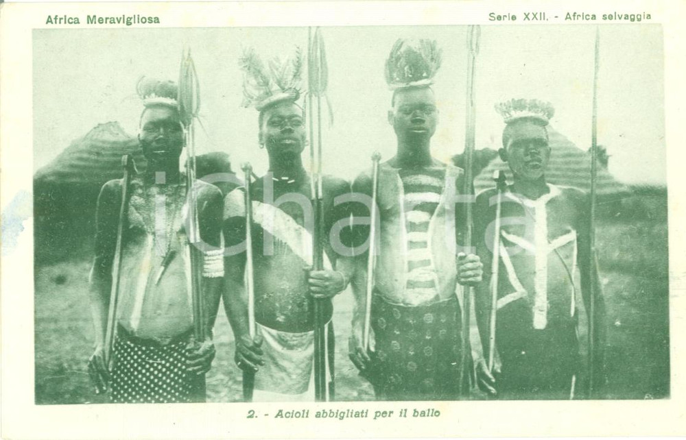 Cartolina originale da collezione 1930 ca AFRICA Indigeni Acioli abbigliati per ballo Cartolina MISSIONI AFRICANE 1