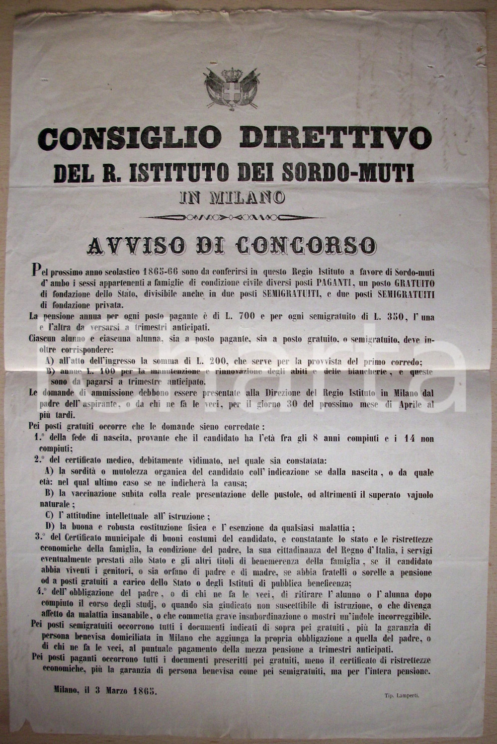 Documento originale, autentico 1865 MILANO Bando ammissione Istituto dei SORDOMUTI 1