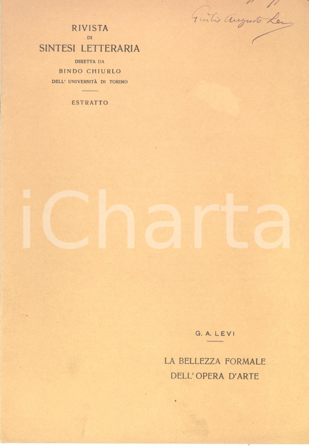 Libro, pubblicazione d epoca 1934 Giulio Augusto LEVI La bellezza formale dell opera d arte  Invio autografo 1