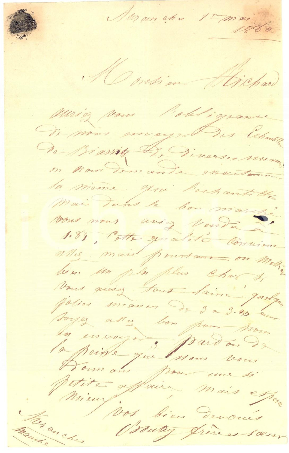 Documento originale, autentico 1860 AVRANCHES (F) Nuances de BIARRITZ pour BOUTRY tissus *Lettre 1