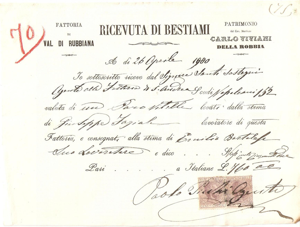 Documento originale, autentico 1900 VAL DI RUBBIANA FI Fattoria Marchese Carlo VIVIANI DELLA ROBBIA Ricevuta 1