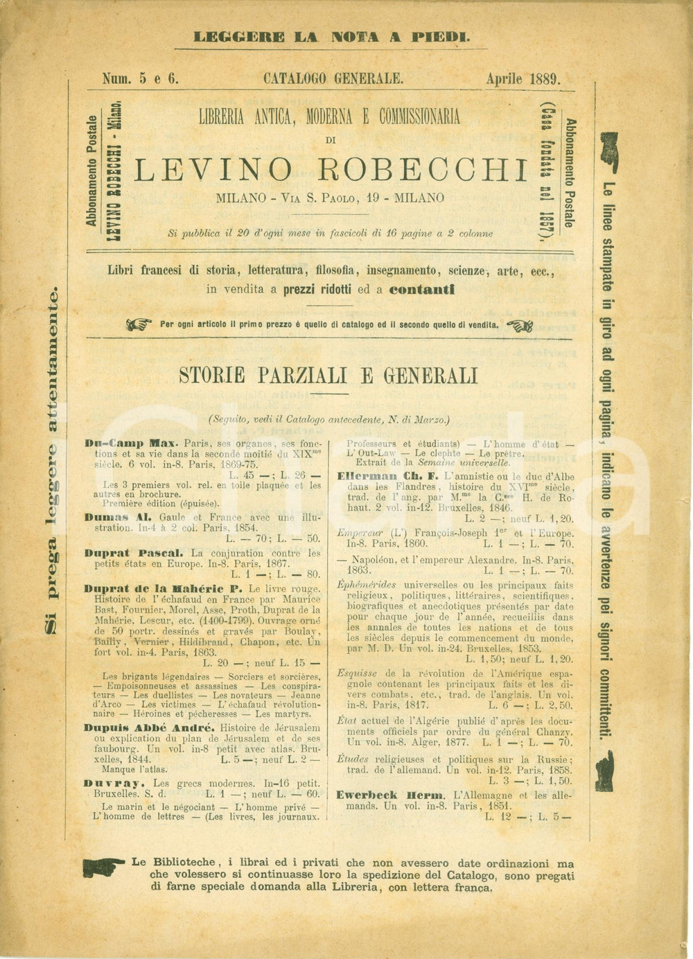Libro, pubblicazione d epoca 1889 MILANO Catalogo Libreria Levino ROBECCHI n° 56 Storie generali 1