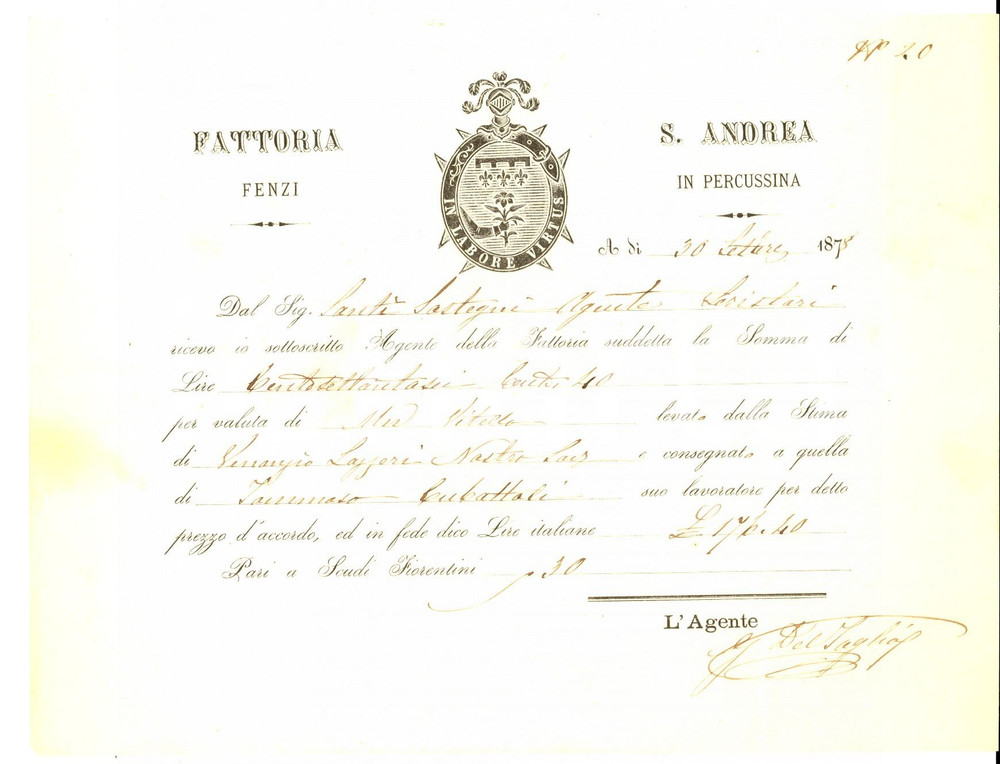 Documento originale, autentico 1878 SANT ANDREA IN PERCUSSINA FI Fattoria FENZI Ricevuta per un vitello 1