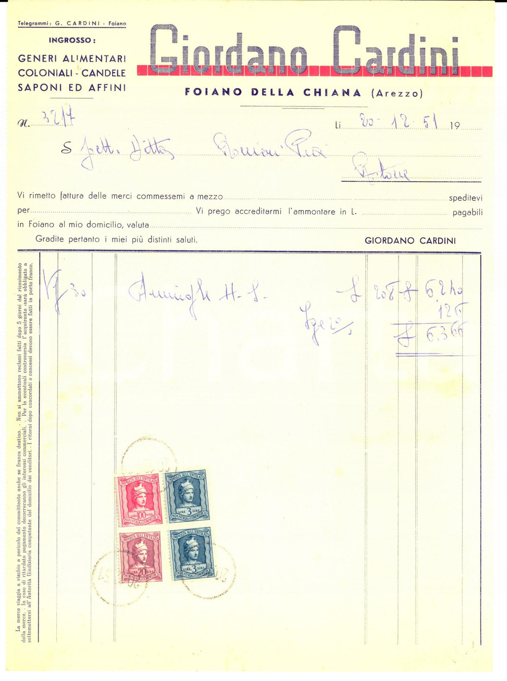 Documento originale, autentico 1951 FOIANO DELLA CHIANA AR Giordano CARDINI Ingrosso alimentari Fattura 1