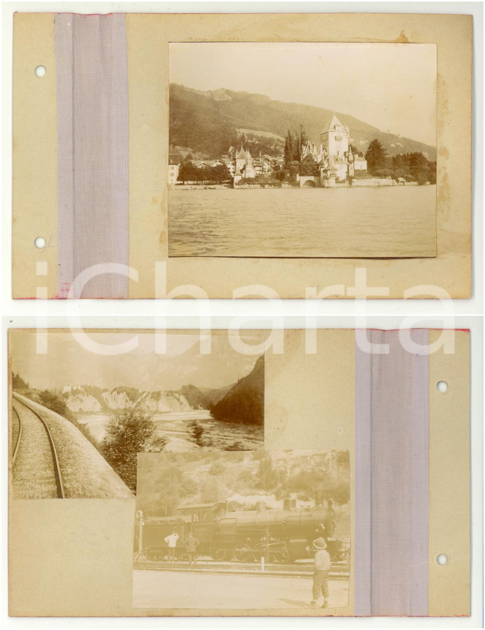 Fotografia d epoca originale 1905 ca SVIZZERA Lago di THUN  Castello di Oberhofen  Treno  Lotto 3 foto 1