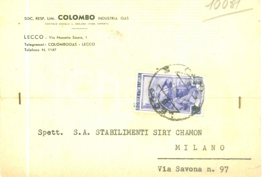 Cartolina originale da collezione 1953 LECCO SocietÃ  COLOMBO Industria Gas *Cartolina commerciale FG VG 1