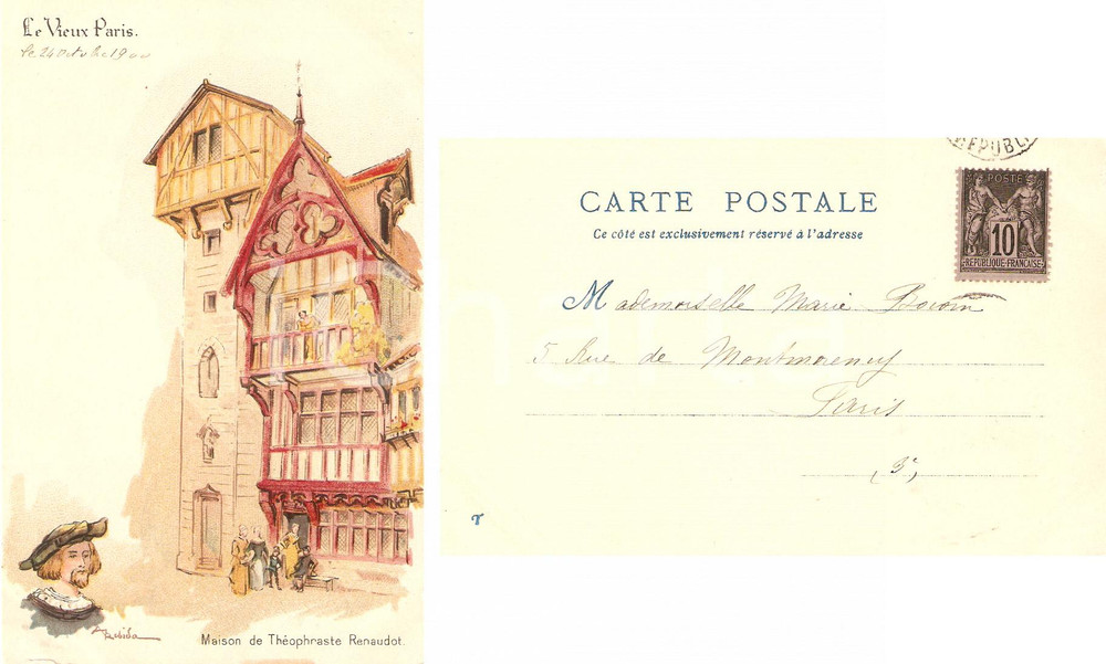 Cartolina originale da collezione 1900 PARIGI casa di ThÃ©ophraste RENAUDOT FP VG animata 1