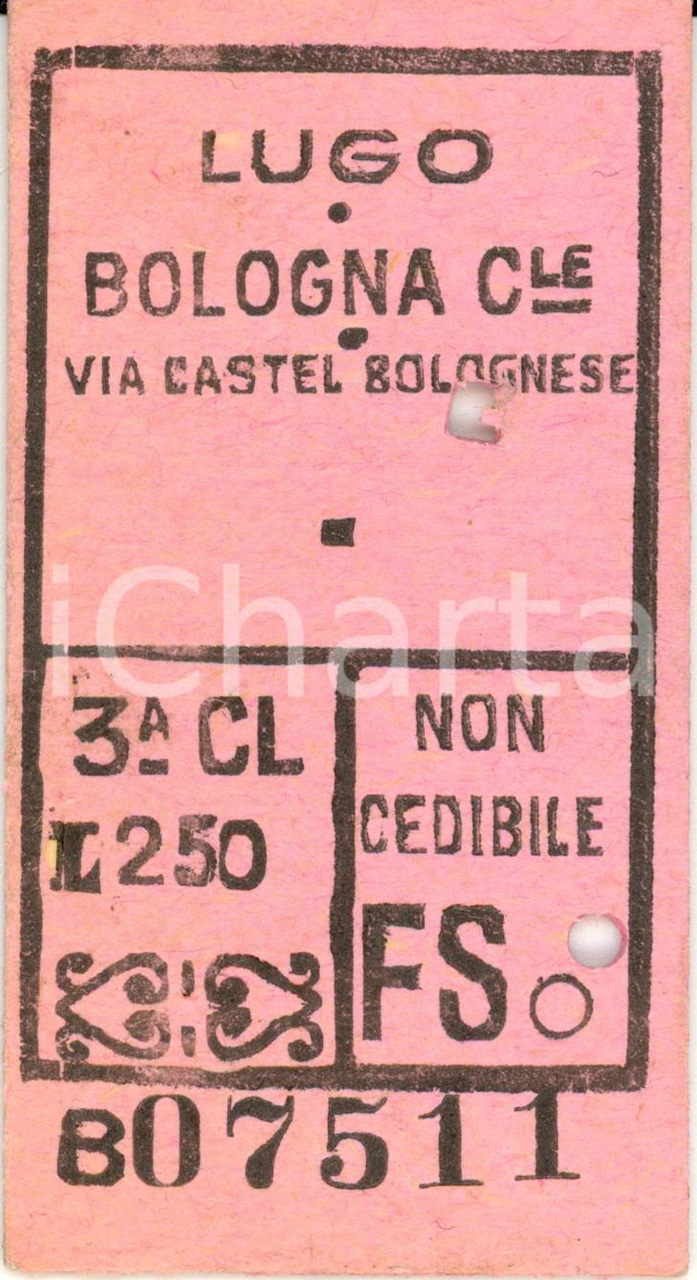 Documento originale, autentico 1949 LUGO RA FF. SS. Biglietto ferroviario per BOLOGNA via CASTEL BOLOGNESE 1