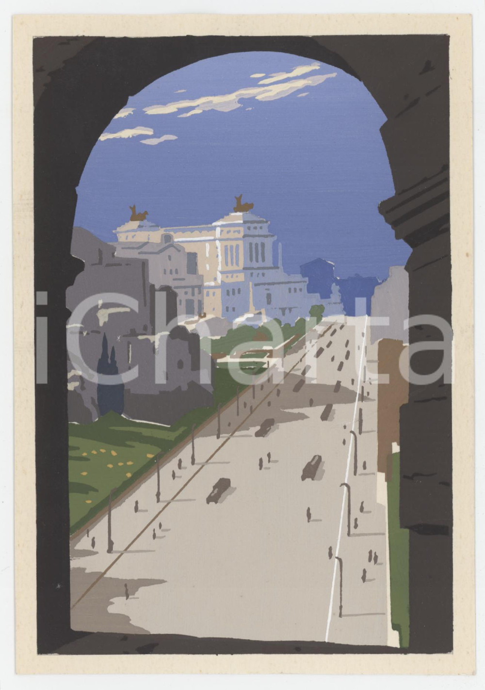 1935 ROMA Via dell'Impero - Ill. Giovanni MESCHINI - Cartolina DIPINTA A MANO FG Cartolina postale d'epoca, dipinta a mano, non viaggiata. SERIE: Ars Nova - Bellezze Italiche, serie IVEDIZIONE: E. Verdesi, Roma FAIR/discreto Residuo di incollatura al verso. Formato: FG originale e autentica 1