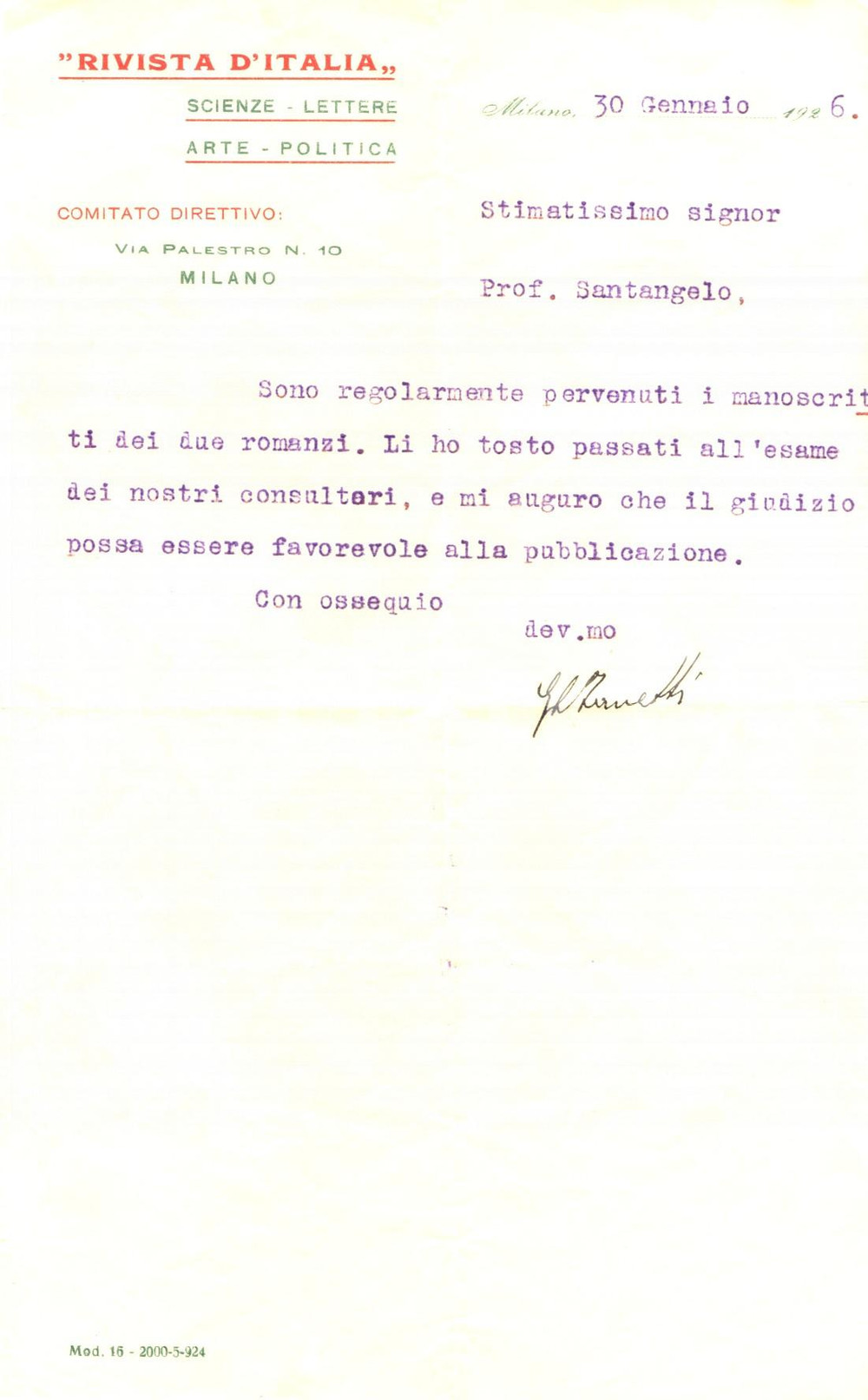 Autografo originale 1926 MILANO RIVISTA D ITALIA Gian Luca ZANETTI riceve manoscritti Autografo 1