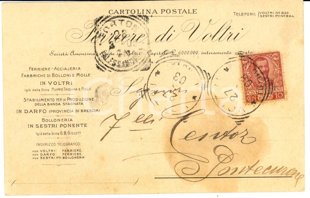 Documento originale, autentico 1903 GENOVA Ferriere di VOLTRI Bulloni e molle *Cartolina FP VG 1