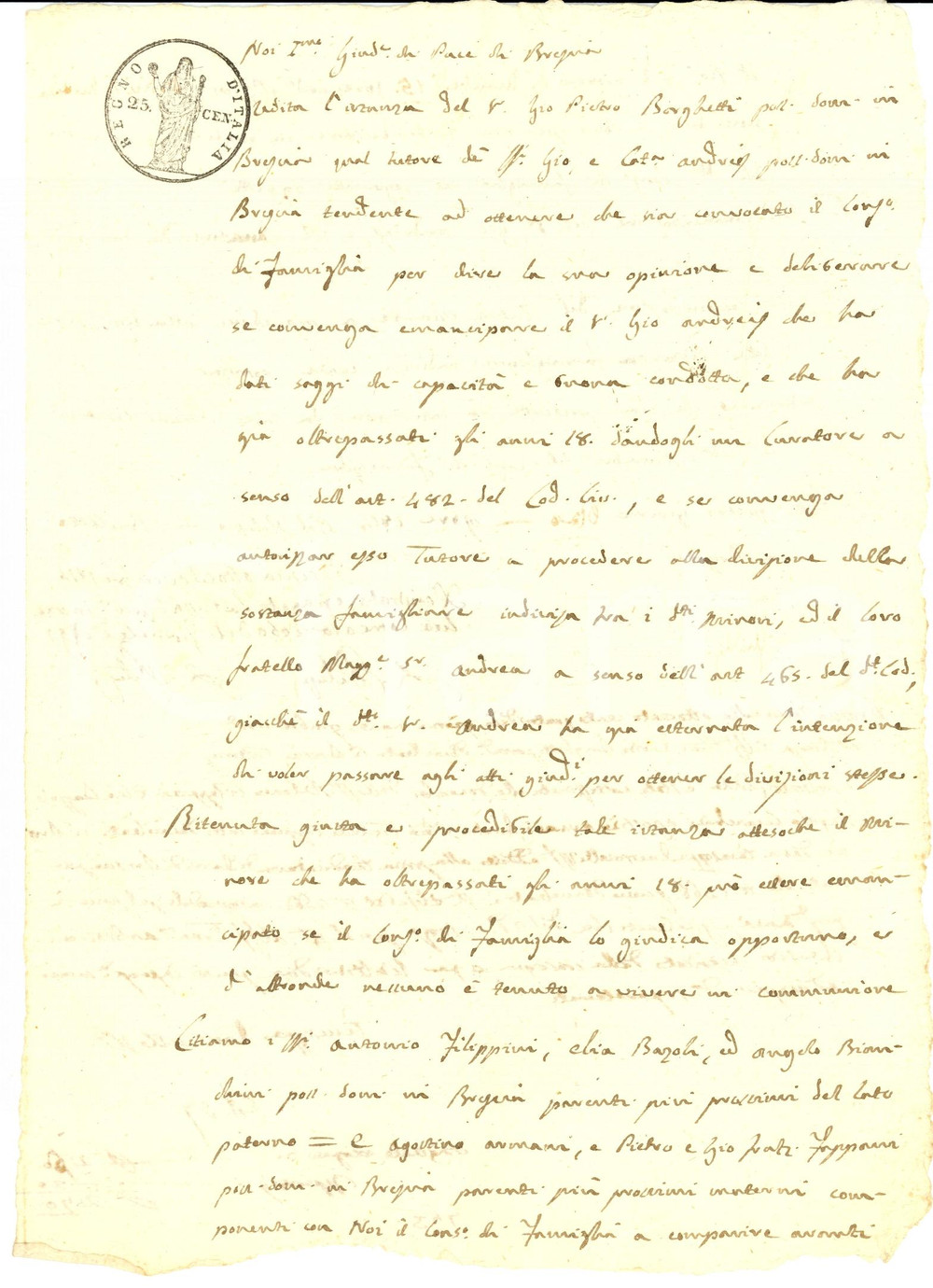 Documento originale, autentico 1814 BRESCIA Emancipazione Giovanni ANDREIS maggiorenne di buona condotta 1