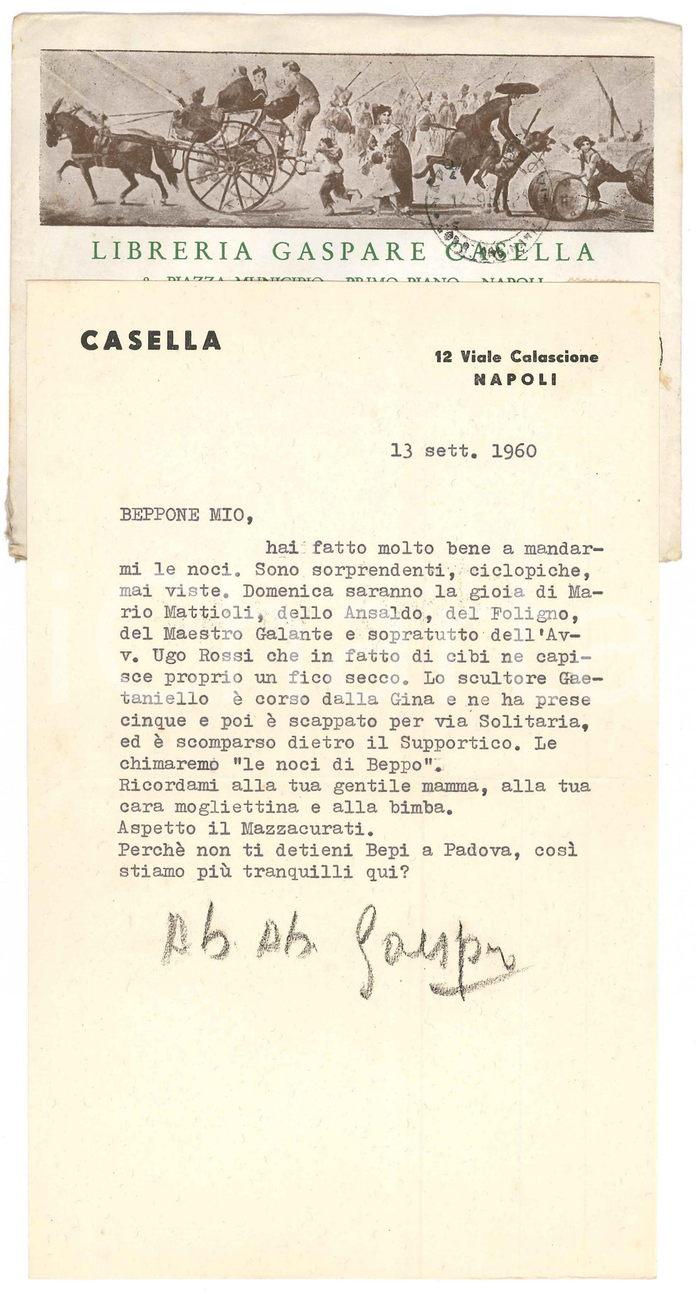 Autografo originale 1960 NAPOLI Libraio Gaspare CASELLA ringrazia per un dono di noci Autografo 1