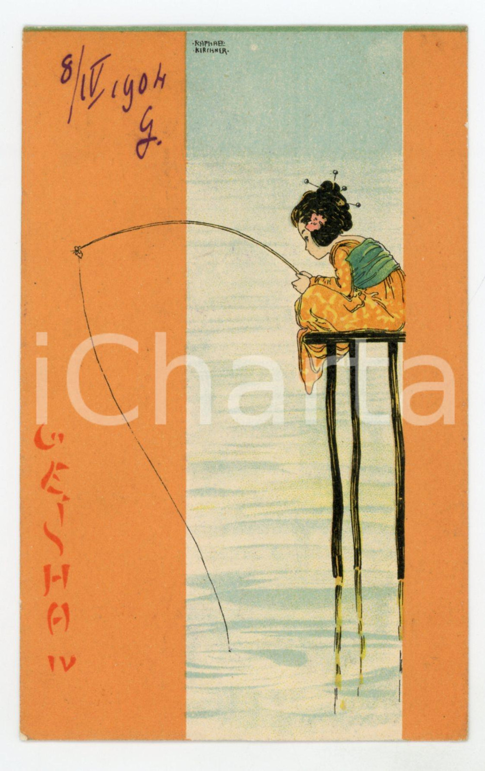 1904 ART NOUVEAU Raphael KIRCHNER - Geisha - IV - Fishing *Postcard orange  Cartolina postale d'epoca, opera dell'artista e illustratore Raphael Kirchner, viaggiata.CONDIZIONI: G (minime smussature angolari)FORMATO: FP    originale e autentica 1