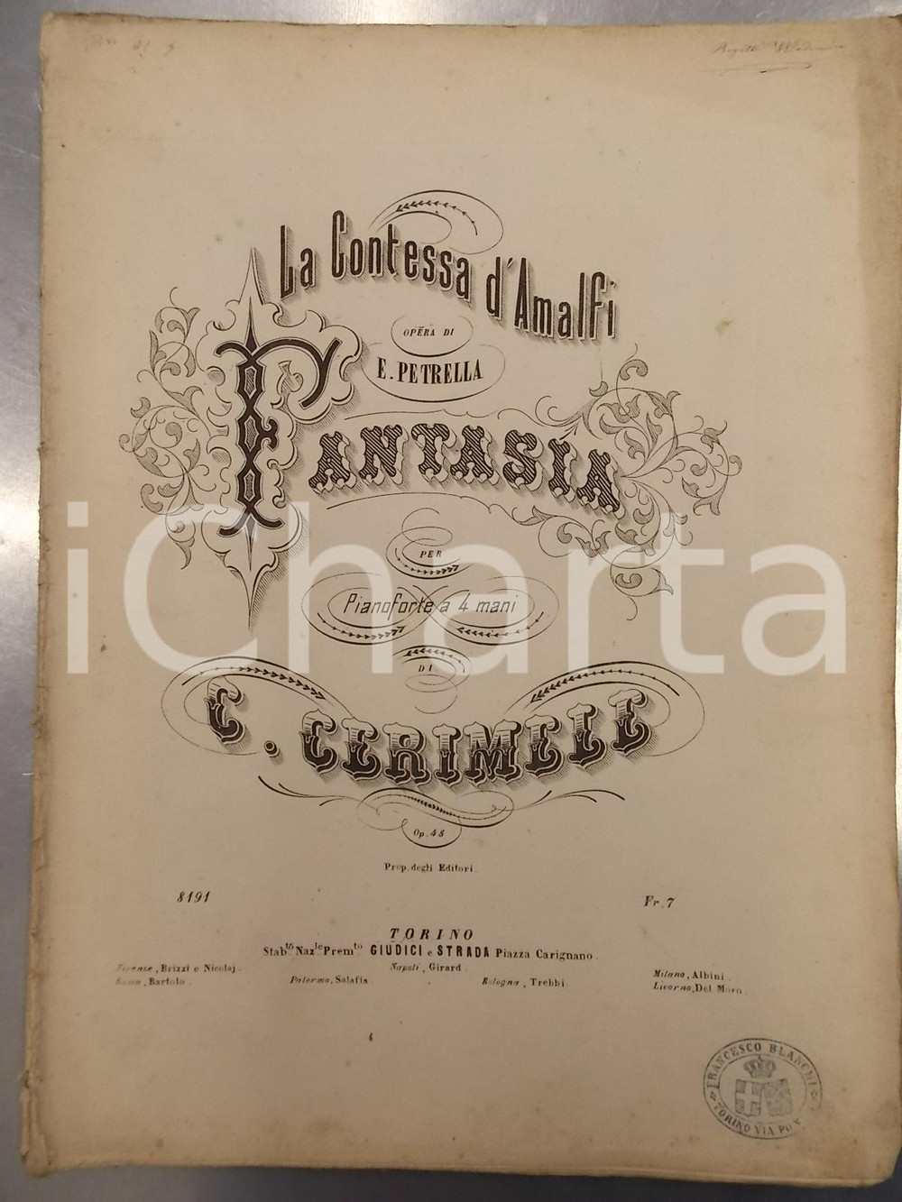 Oggetto da collezione cartaceo 1870 ca Carlo CERIMELE La contessa d Amalfi  pianoforte GIUDICI E STRADA 1