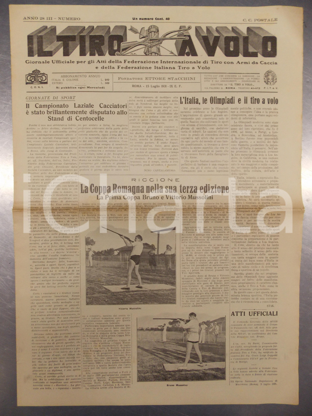 Giornale, rivista storica 1931 IL TIRO A VOLO Coppa ROMAGNA alla terza edizione a RICCIONE Giornale 1