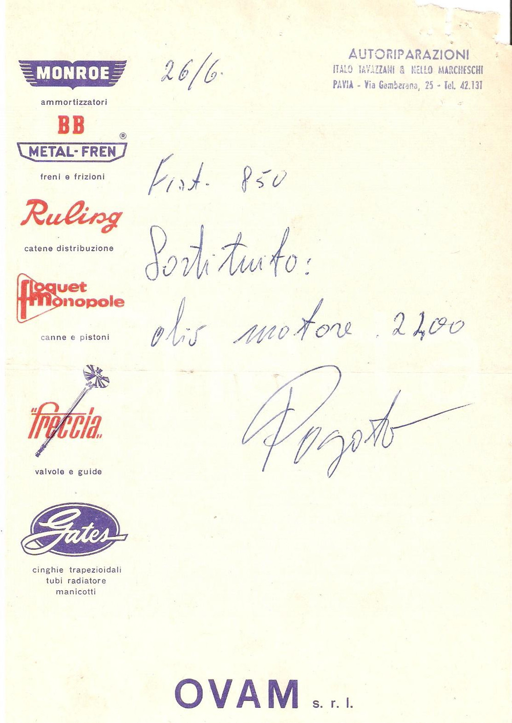 Materiale pubblicitario d’epoca 1970 ca PAVIA Autoriparazione TAVAZZANI E MARCHESCHI Ovam s.r.l. *Ricevuta 14x20 1