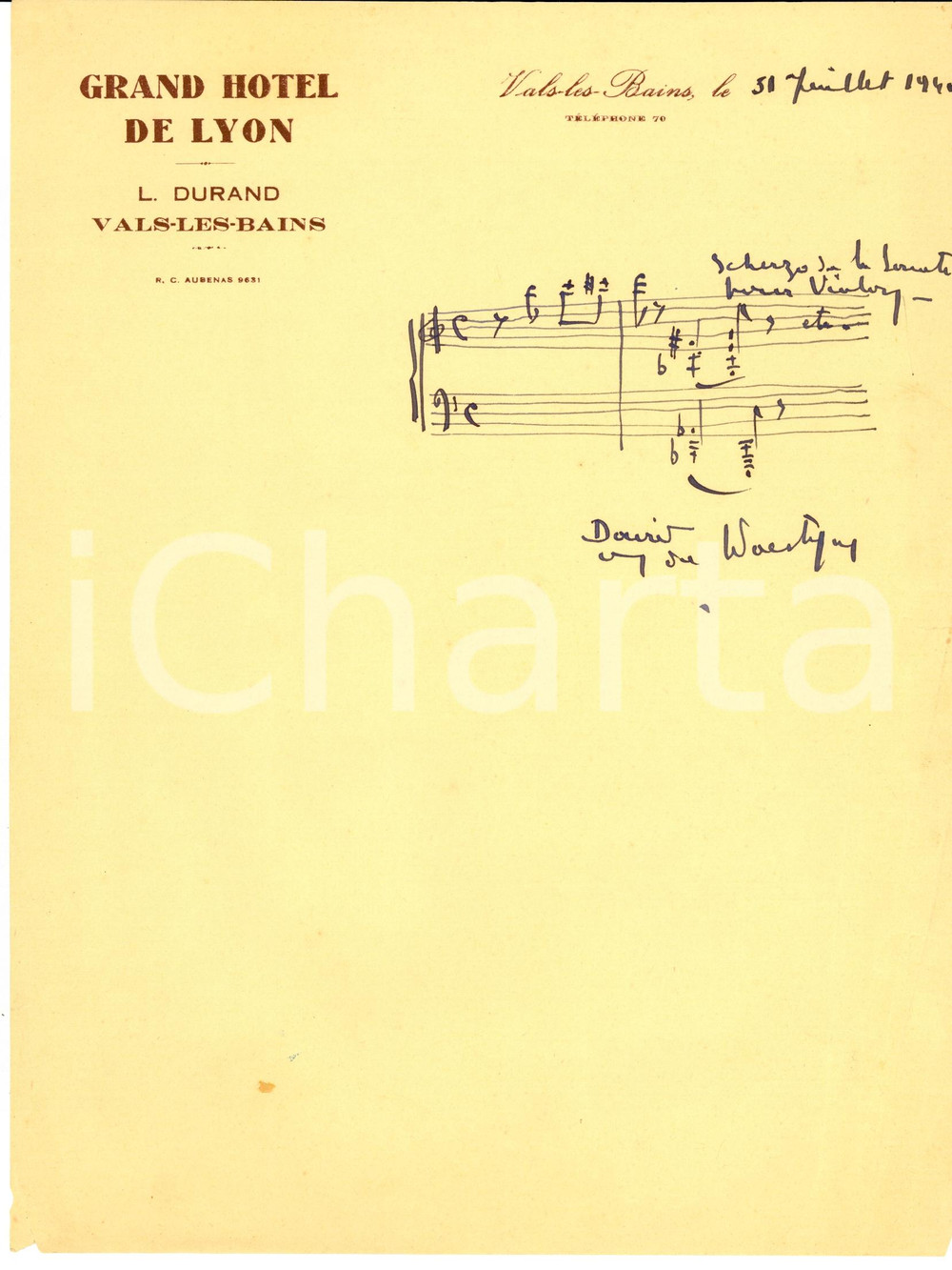 Autografo originale 1940 VALS-LES-BAINS (F) David van de WOESTYNE Autografo 1