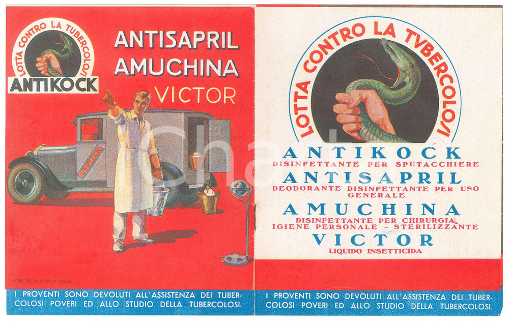 Materiale pubblicitario d’epoca 1930 ca Lotta alla tubercolosi  ANTISAPRIL  VICTOR  Pieghevole pubblicitario 1