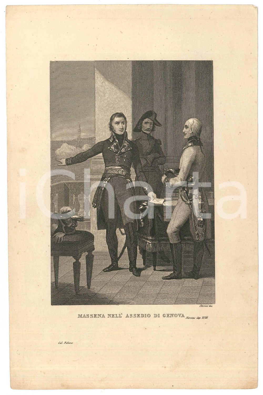 Stampa, bozzetto originale 1840 ca Francesco CLERICI Massena nell assedio di Genova Stampa 15x24 cm 1