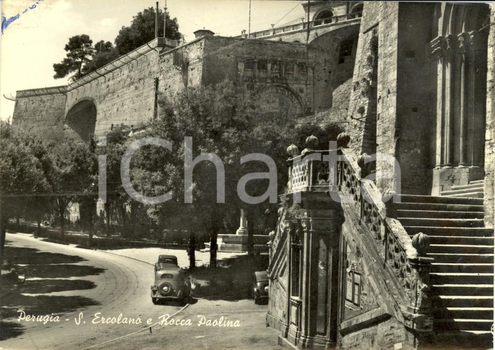 Cartolina originale da collezione 1971 PERUGIA Chiesa di SANT'ERCOLANO e Rocca PAOLINA *Cartolina ANIMATA FG VG 1