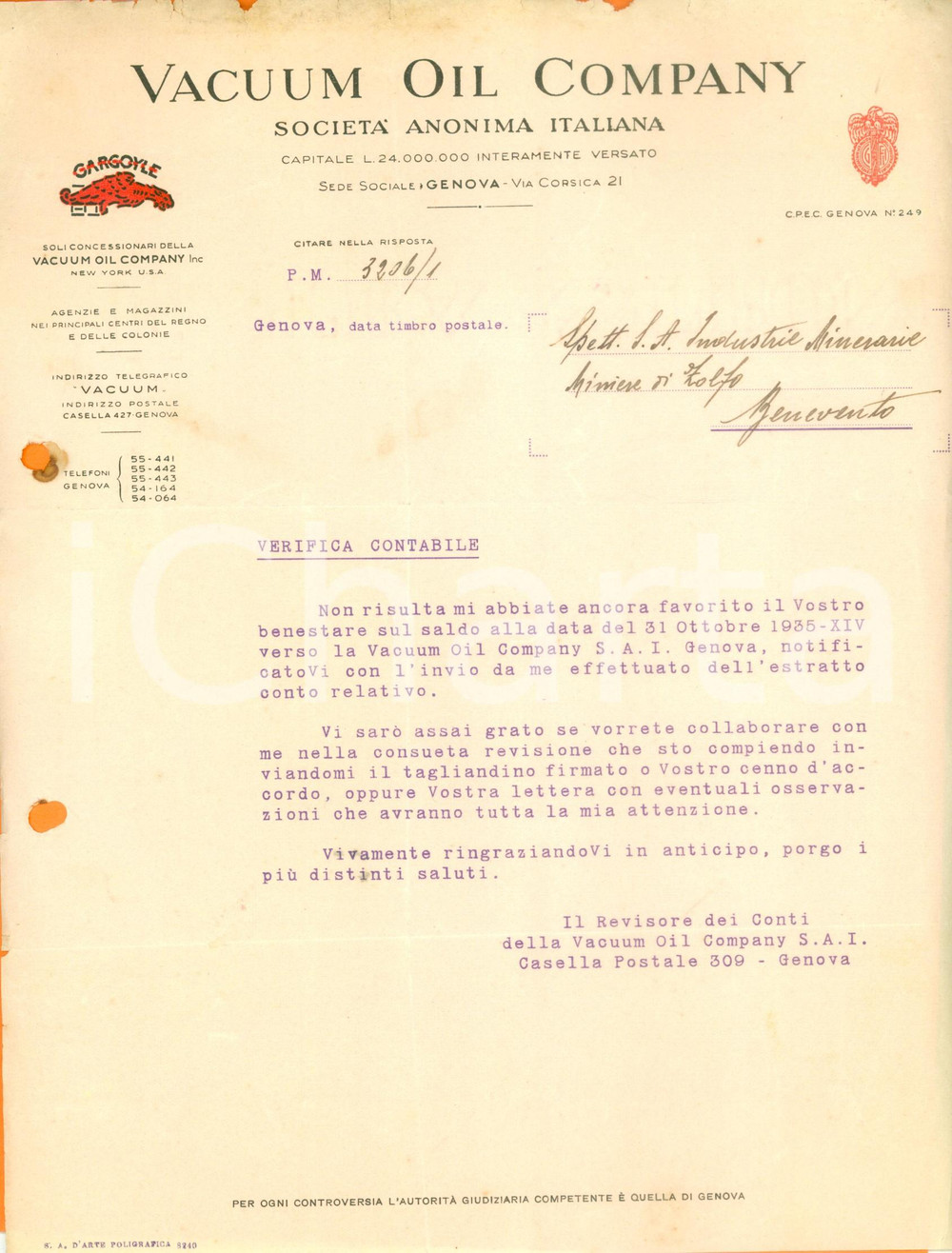Documento originale, autentico 1930 ca GENOVA SocietÃ  VACUUM OIL COMPANY Lettera commerciale ILLUSTRATA 1