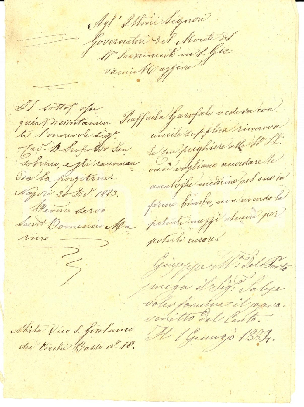 Documento originale, autentico 1884 NAPOLI Raffaella GAROFALO supplica medicine per il bimbo infermo 1