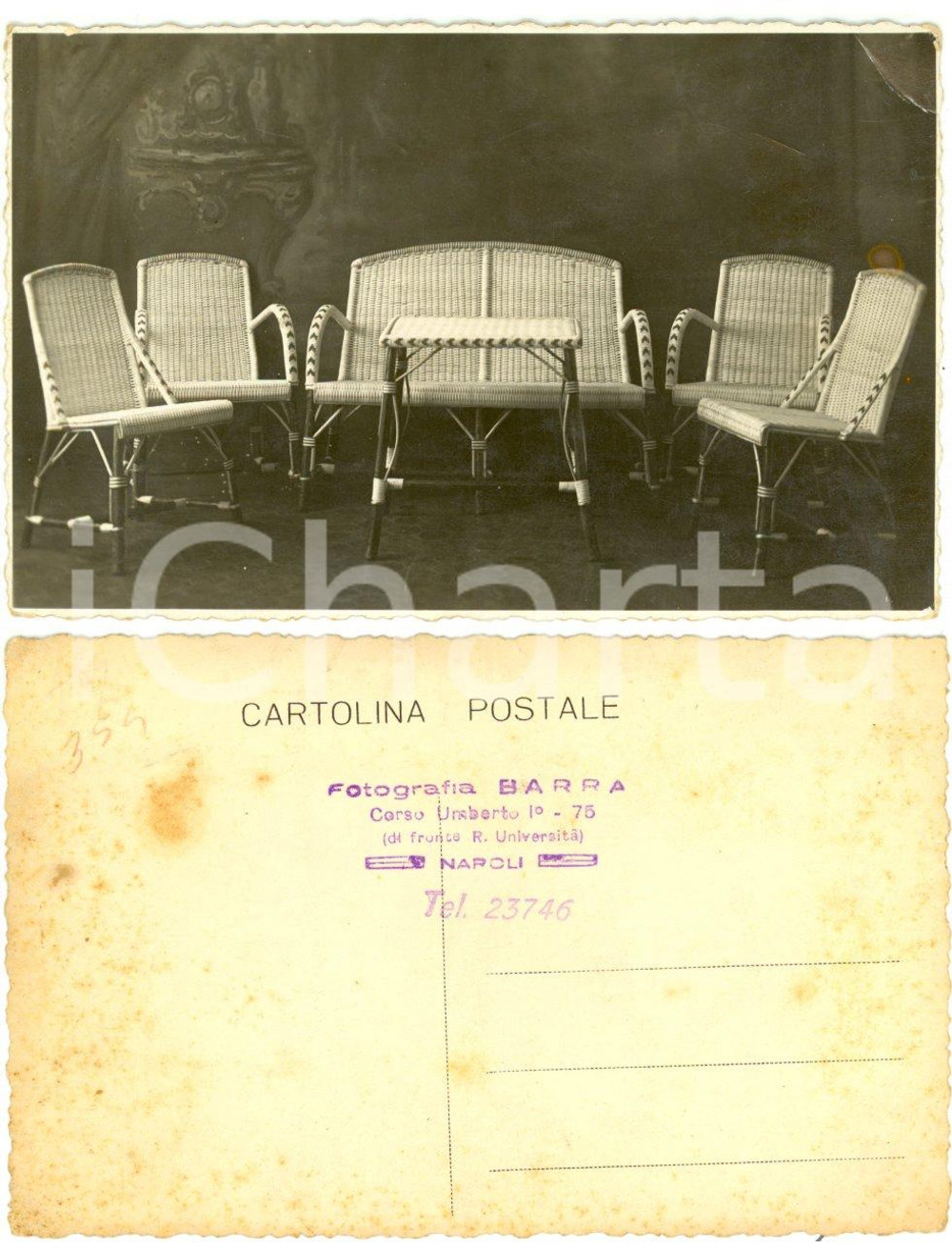 Fotografia d'epoca originale 1930 ca NAPOLI Arredamento da giardino in vimini *Foto cartolina BARRA 1