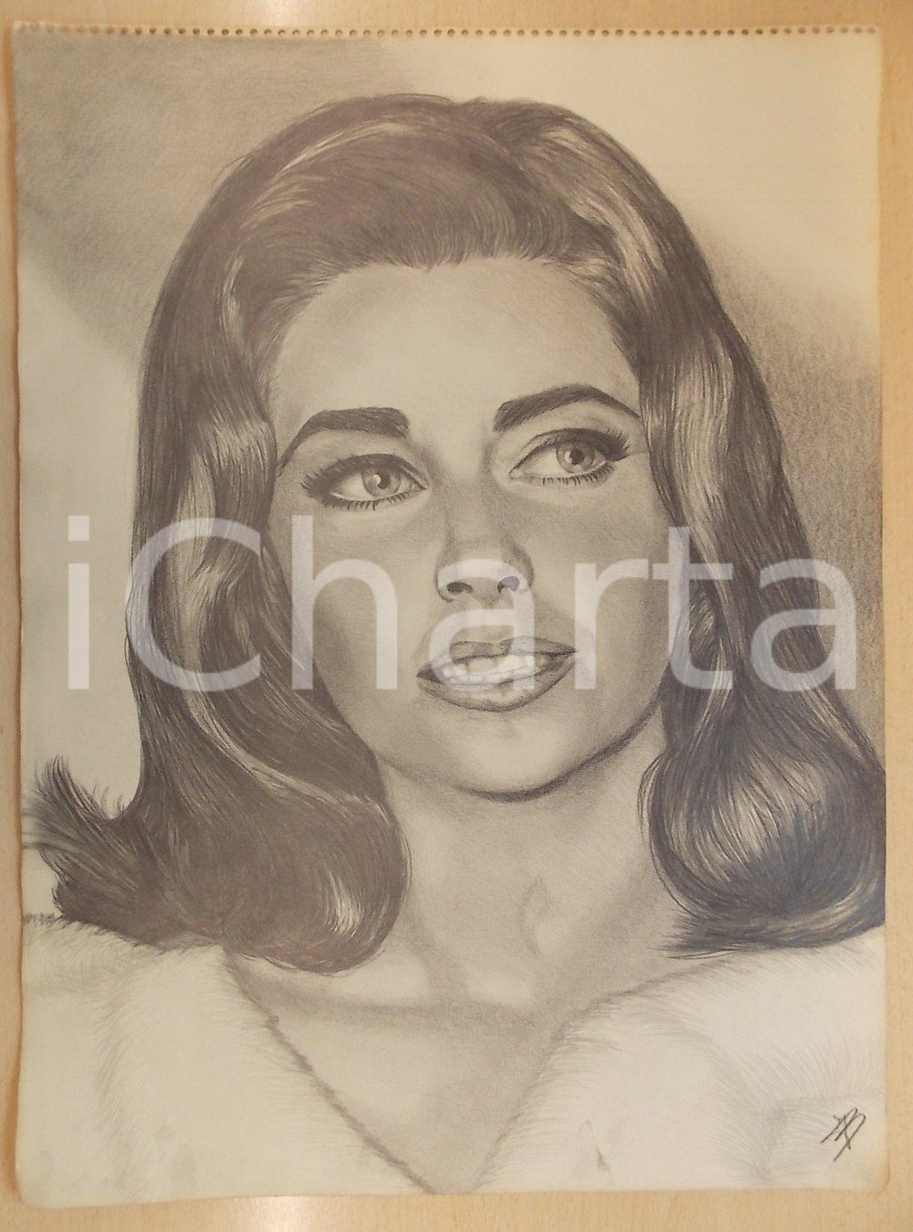 Stampa, bozzetto originale 1960 ca ARTE DI STRADA Ritratto di giovane attrice Disegno a matita 37x50 1