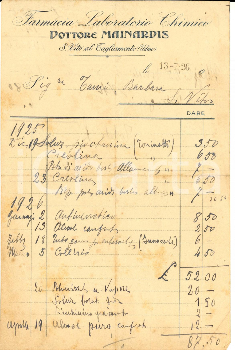 Documento originale, autentico 1926 SAN VITO AL TAGLIAMENTO (UD) Farmacia chimica MAINARDIS *Fattura intestata 1