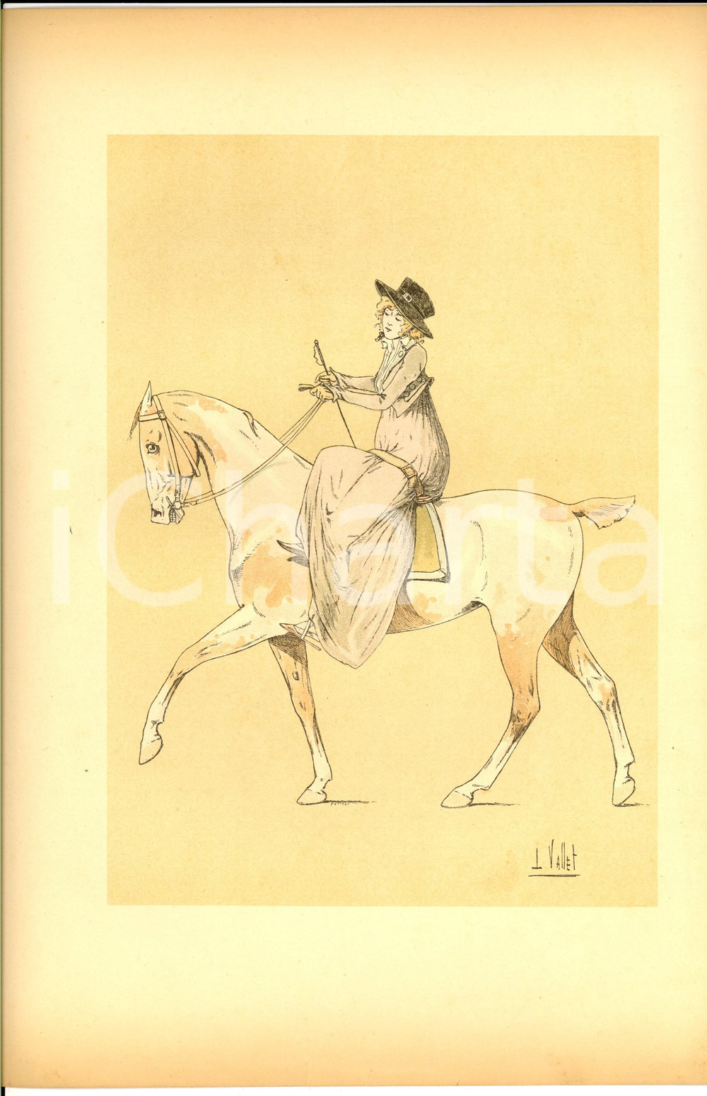 Stampa, bozzetto originale 1890 L. VALLET Le chic Ã  cheval  An VIII  RÃ©volution Lithographie 25x33 1