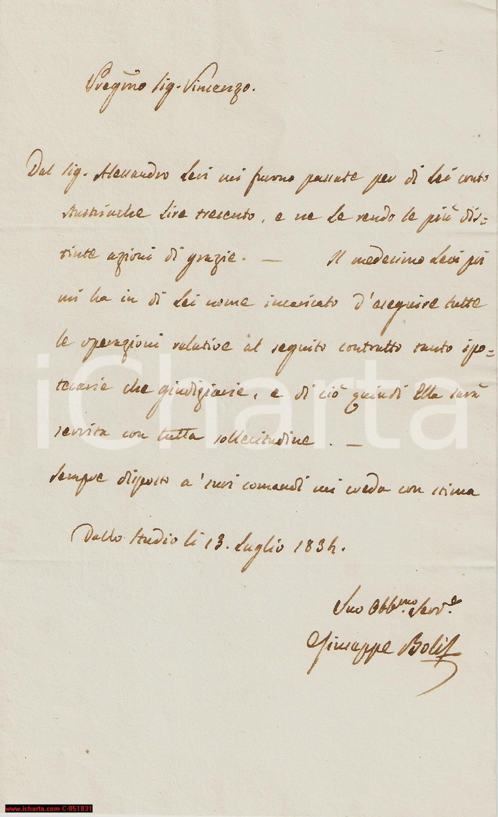 Manoscritto, lettera originale 1834 LAORCA (LC) Avvocato Giuseppe BOLIS riceve denaro 1