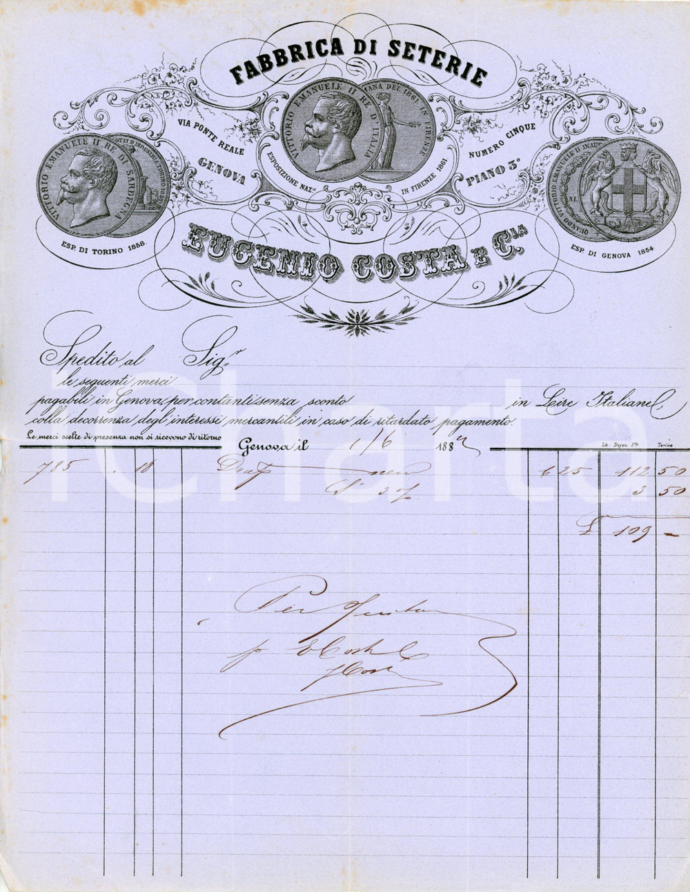 1884 GENOVA Eugenio COSTA Fabbrica di seterie - Fattura Fattura commerciale d'epoca, su carta intestata, manoscritta.CONDIZIONI: FAIR (piegature d'epoca, strappi e bruniture ai margini)PAGINE: 1    originale e autentica 1