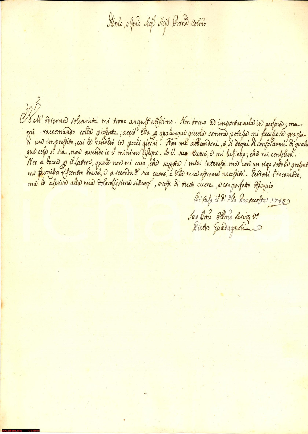 Manoscritto, lettera originale 1785 Arezzo, richiesta prestito, P. Guadagnoli vg 1