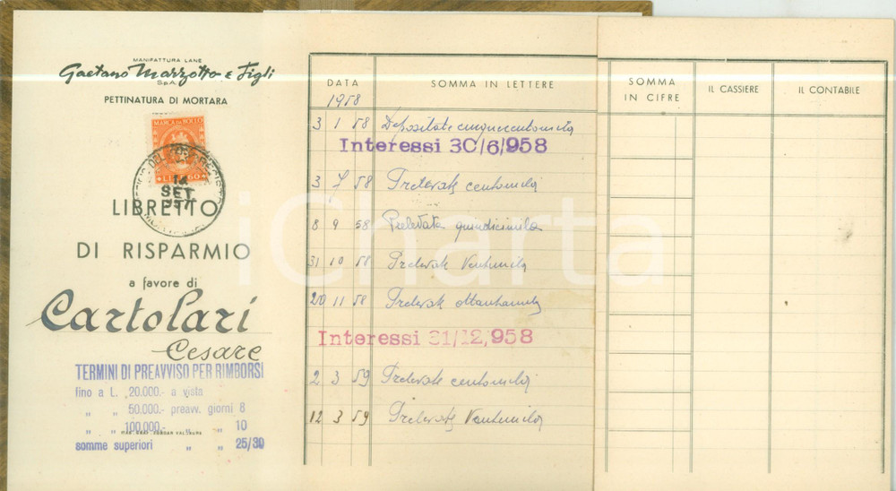 Oggetto da collezione cartaceo 1958 - 1959 MORTARA Libretto risparmio Cesare CARTOLARI Lane MARZOTTO 1