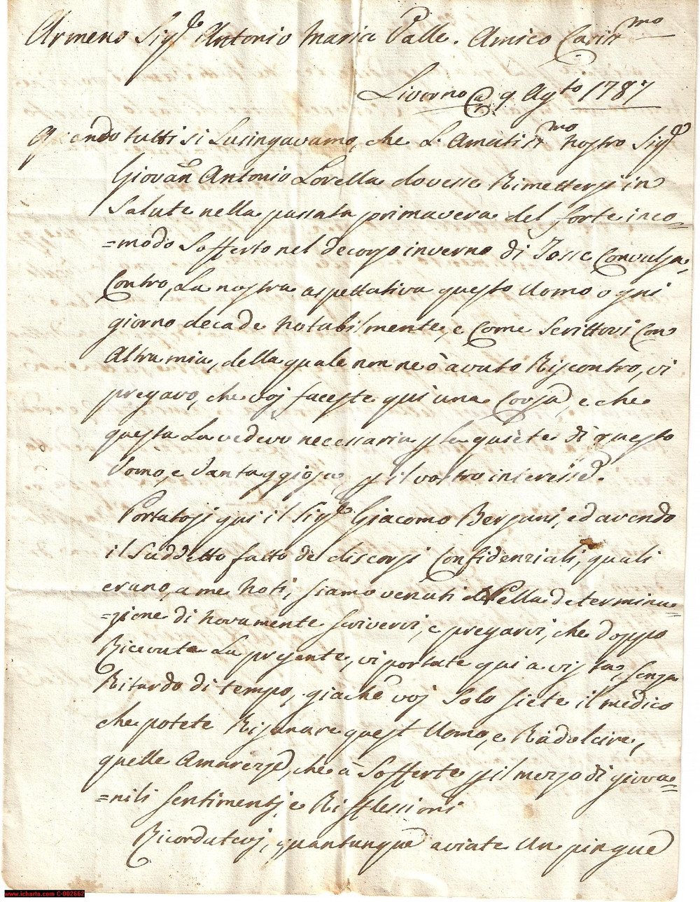 Manoscritto, lettera originale 1787 LIVORNO Antonio Maria VALLE al capezzale di Giovan Antonio LORELLA 1