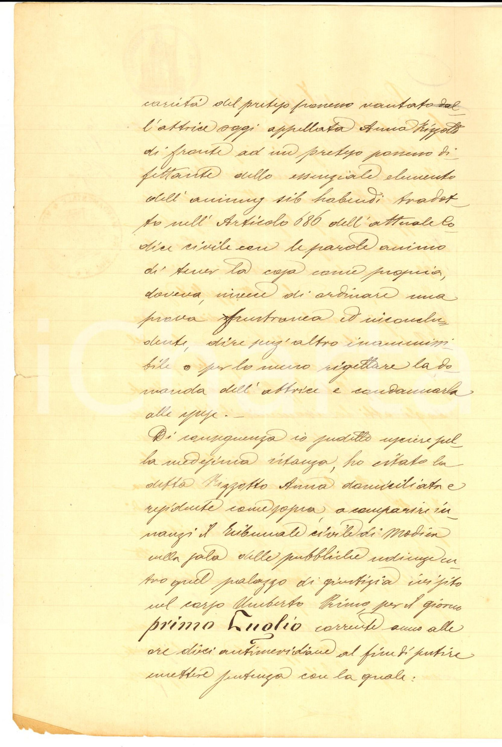Documento originale, autentico 1893 MONTEROSSO ALMO (RG) Convocazione di Anna RIZZOTTO in lite per possesso 1