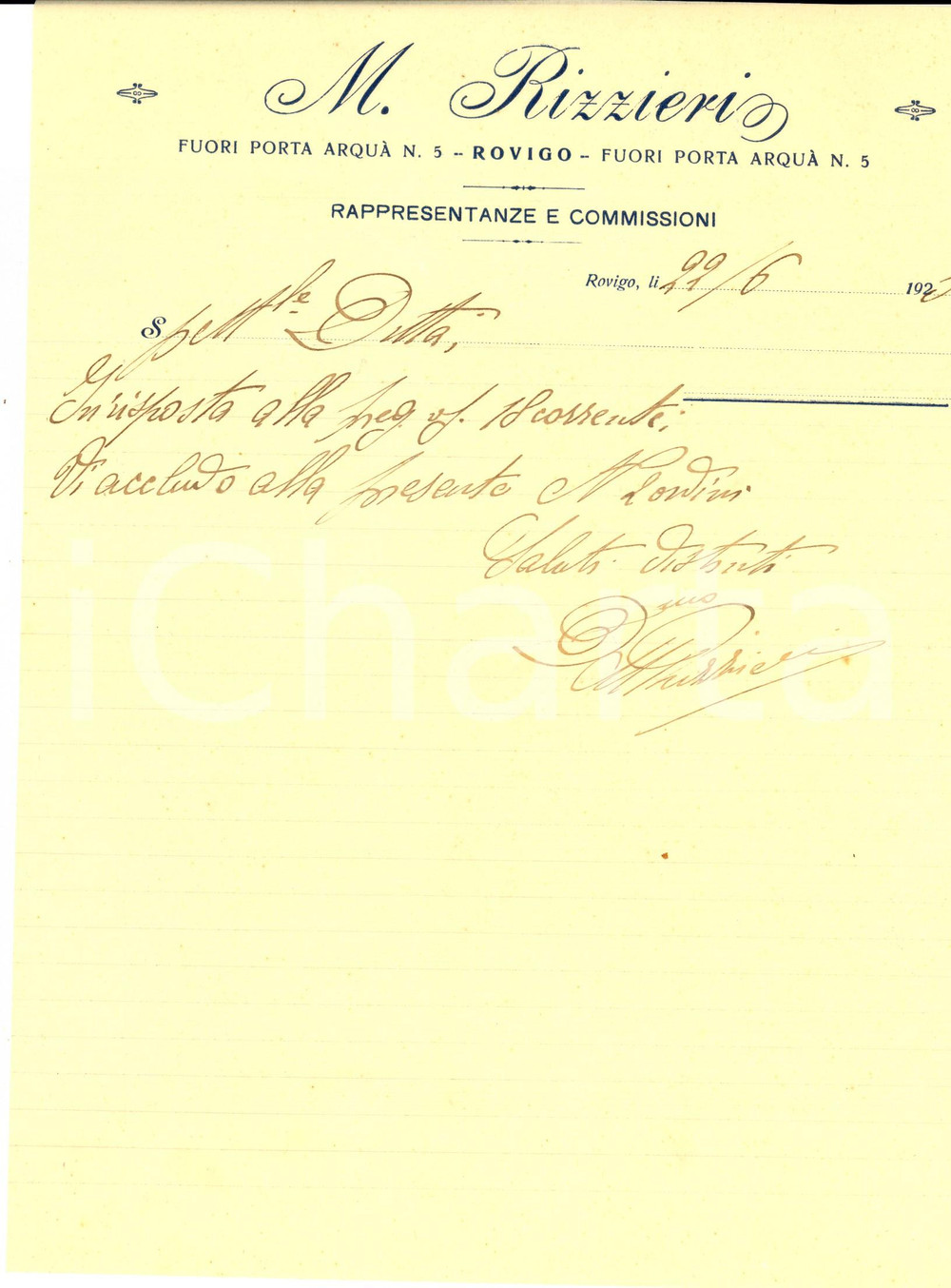 Documento originale, autentico 1925 ROVIGO Lettera ditta M. RIZZIERI Rappresentanze e commissioni Intestata 1
