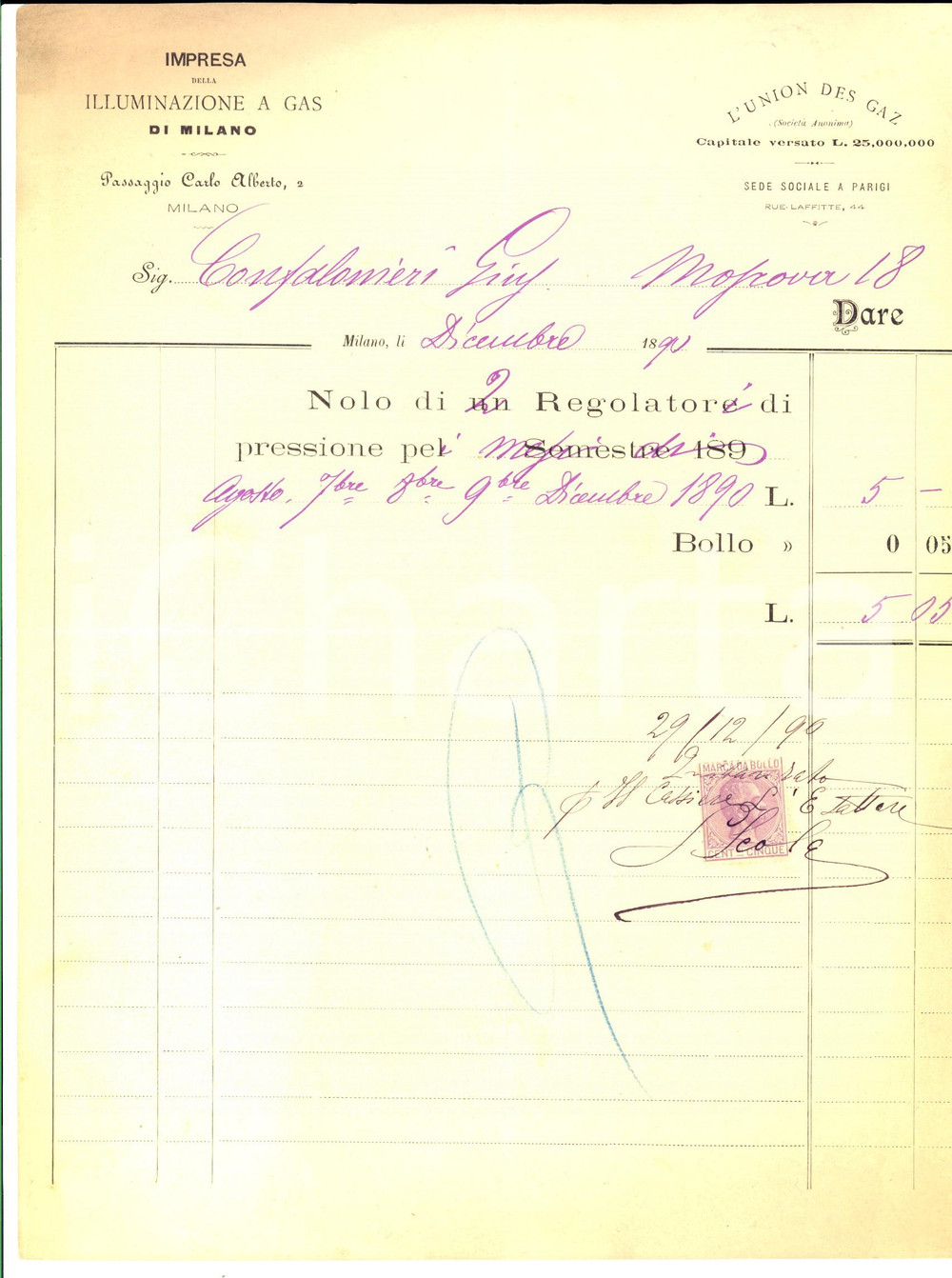 Documento originale, autentico 1890 MILANO Impresa della illuminazione a gas  Noleggio regolatori pressione 1