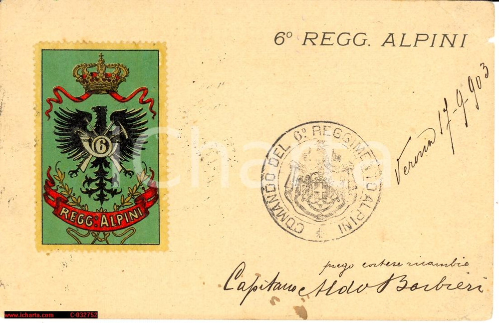 Cartolina originale da collezione 1903 Cartolina 6Â° Reggimento Alpini *Rara d'epoca 1