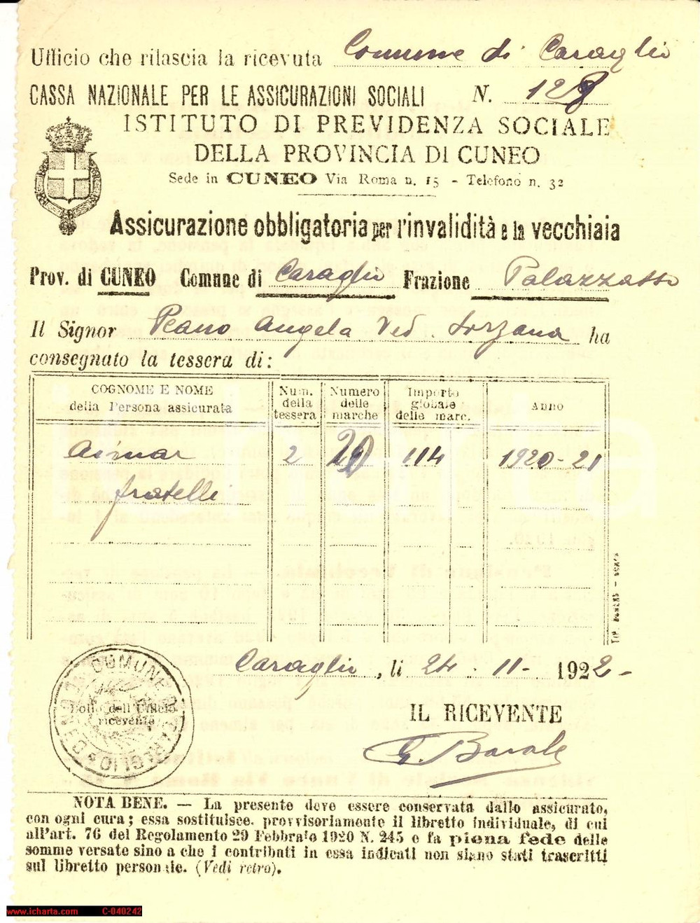 Documento originale, autentico 1922 CARAGLIO (CN) Angela PEANO vedova consegna tessera 1