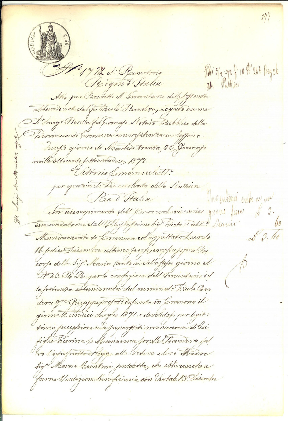 Documento originale, autentico 1872 CREMONA Inventario dei beni del defunto Paolo BANDERA Manoscritto 1