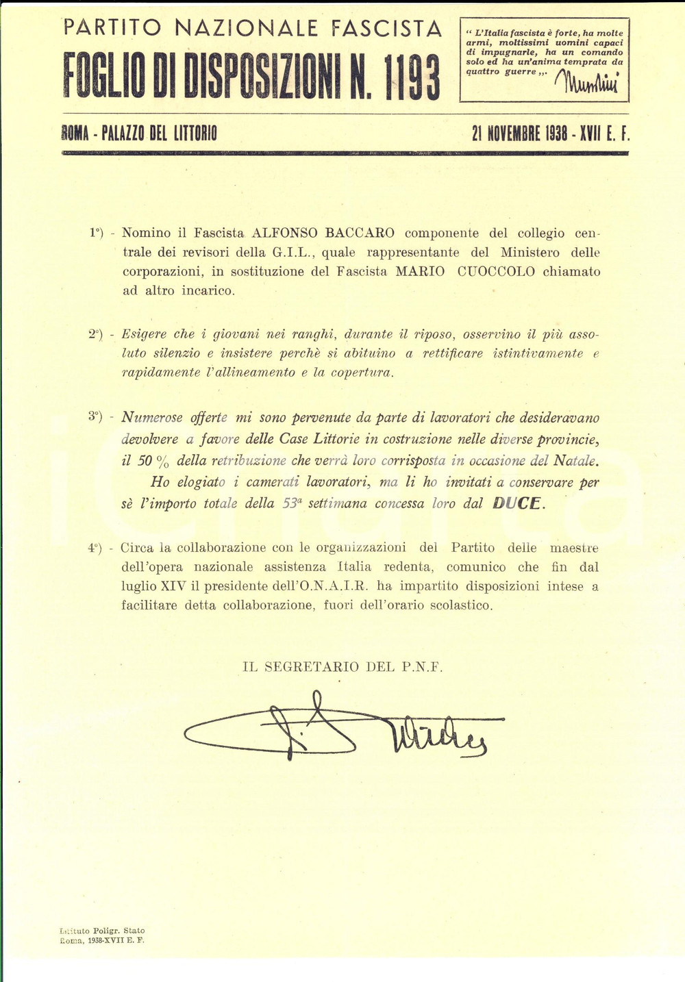 Documento originale, autentico 1938 PNF ROMA Alfonso BACCARO nuovo revisore GIL *Foglio disposizioni 1193 1